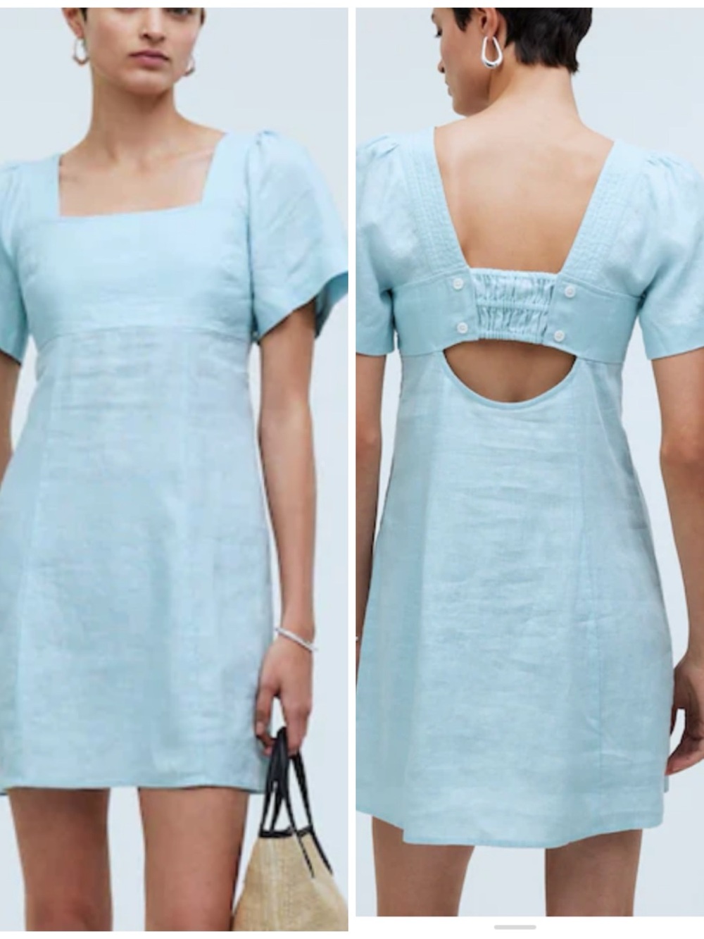 Madewell Square-Neck Mini Dress in 100% Linen In Blue Heron Size 6